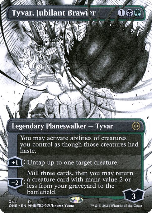 【ショーケース】【ボーダレス】【Foil】【EN】歓喜する喧嘩屋、タイヴァー/Tyvar, Jubilant Brawler [ONE] 金R No.344